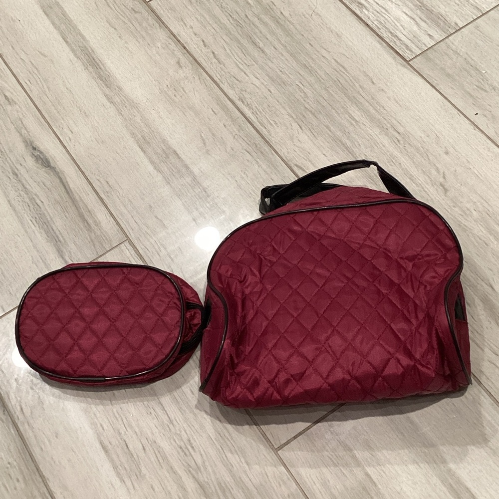 Quilted Burgundy Travel Cosmetic Bag Set